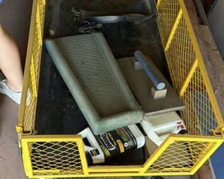 Lot 159: Yellow Utility Garden Cart with Assorted Yard and Workshop Items