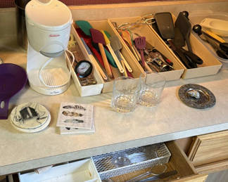Lot 12: Sunbeam Hot Shot Beverage Maker, Calphalon Container, Kitchen Utensils and Drinkware