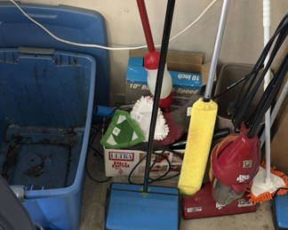 Lot 219: Cleaning Tools, Vacuums, Storage Bin, and Boots