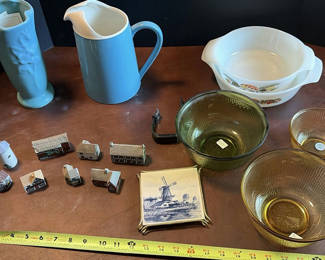 Lot 85: Ceramic Miniature Houses, Glass Bowls, Pitcher, Vase, and Decorative Tile