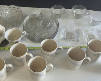 Lot 122: Assorted Ceramic Mugs, Glass Bowls, and Serving Dishes