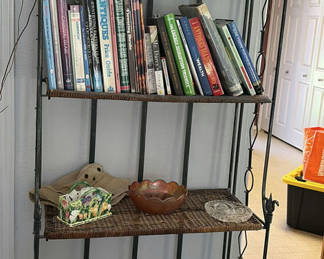 Lot 6: Metal and Wicker Shelving Unit with Books and Decorative Items