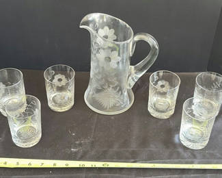 Lot 113: Etched Glass Pitcher and Six Tumblers