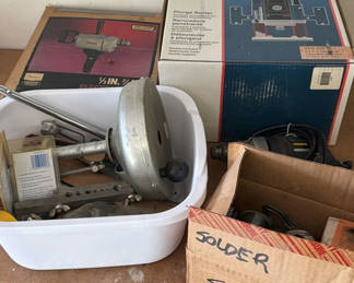 Lot 216: Craftsman Electric Drill, Bosch Plunge Router Box, and Assorted Tools