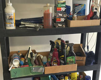 Lot 200: Garage Shelving Unit with Automotive Fluids, Cleaning Supplies, and Tools