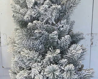 Lot 128: Flocked Artificial Christmas Tree in Metal Bucket