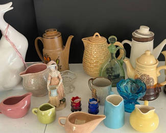 Lot 63: Assorted Ceramic and Glass Decorative Pitchers, Teapots, and Figurines
