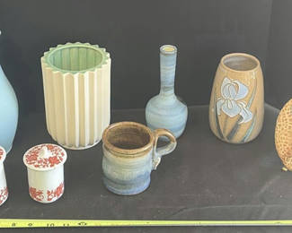 Lot 116: Assorted Ceramic Pitchers, Vases, Mug, Covered Containers, and Decorative Plate
