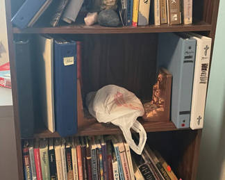 Lot 74: Wooden Bookshelf with Books, Binders, and Decorative Items