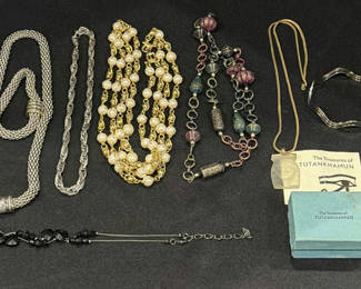 Lot 607: Assorted Necklaces, Bracelet, and Tutankhamun Pendant