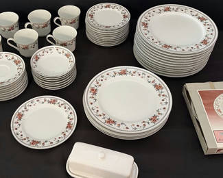 Lot 10: Floral Pattern Dinnerware Set with Plates, Cups, Saucers, Bowls, Platter, and Butter Dish