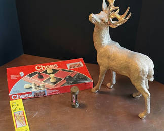Lot 81: Chess Set, Pick Up Sticks Game, Sand Timer, and Deer Figurine
