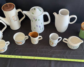 Lot 110: Assorted Ceramic Coffee Pots, Cups, Pitchers, and Glass Bowl