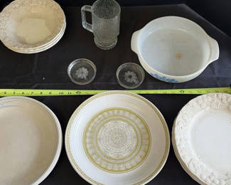 Lot 106: Assorted Plates, Serving Dish, Glass Mug, and Small Glass Bowls
