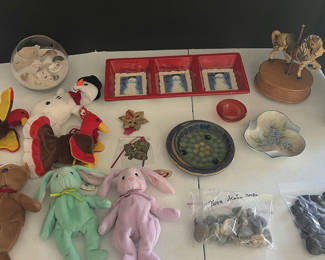 Lot 51: Assorted Plush Toys, Decorative Dishes, Shell Bowl, and Figurines