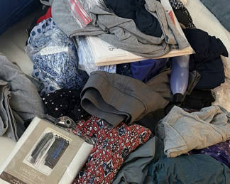 Lot 134: Assorted Clothing Items, Body Pillow, and HomeTrends Garment Bag
