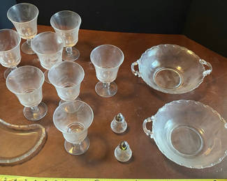 Lot 83: Frosted Glass Stemware, Bowls, Tray, and Shakers