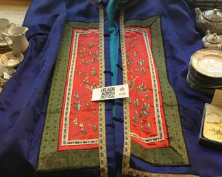 Lot 175: Blue Silk Traditional Coat with Red Panel Embroidery and Chinese Porcelain Tea Set