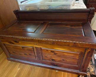 Lot 211: Antique wooden sideboard cabinet with carved trim