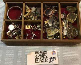 Lot 201: Assorted cufflinks, watches, and jewelry in a wooden organizer