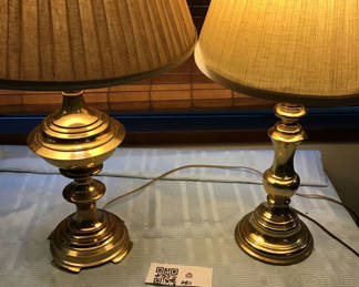 Lot 208: Pair of brass table lamps with pleated shades