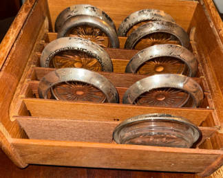 Lot 240: Wooden organizer with metal-rimmed glass coasters