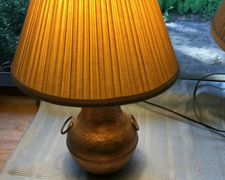 Lot 190: Brass table lamp with pleated amber shade