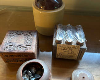 Lot 251: Vintage ceramic jug with crock, carved wooden box, handcrafted tic-tac-toe set, and button-filled ceramic pot