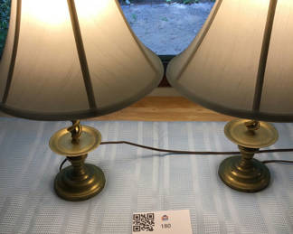 Lot 180: Pair of brass table lamps with fabric shades