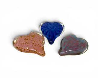 103 3HandBlownArtGlassHeartPaperweightsPinkBluePurpleSwirl