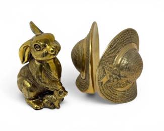 194 SolidBrassWesternHatBookendsSeatedBunnyFigurine