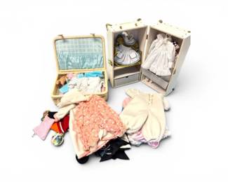 140 AssortedDollClothesWoodenWardrobeWickerSuitcaseSet