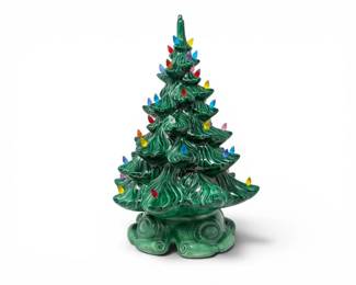 29 VintageGreenCeramicChristmasTreewLightedBaseMusicBox