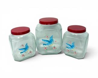 62 HandPaintedBluebirdGlassCanisterSet1Gallon2HalfGallon