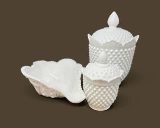 114 FentonStyleHobnailMilkGlassScallopedCookieJarFruitBowl