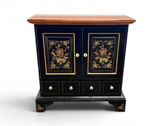 12 EthanAllenBlackFloralAccentCabinetwPullOutDrawerWoodTop