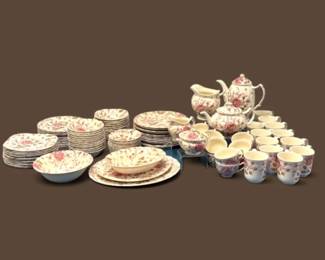 125 VintageJohnsonBrothersRoseChintzDinnerwareSet12Settings