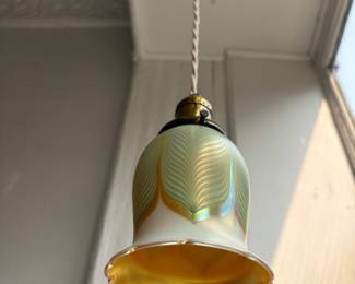 Two Steuben art glass feather lamp shade light fixture signed.