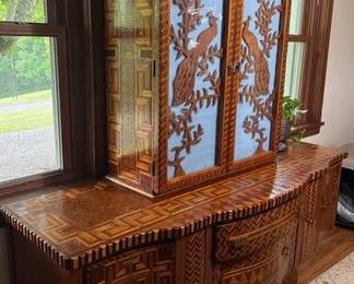 Tramp art hutch made in early to mid 1900's very functional, top drawer needs repair. 