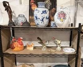 Royal Doulton birds, Pottery, antique vanity dressing table set from early 1900s - has items inside.  