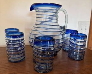 Beautiful set hand blown pitcher and 5 glasses - sold as set only