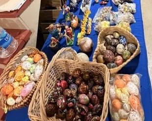 Easter decorations from Germany. Hand painted wooden and real eggs. Plastic hollow eggs. Real stone eggs. Cute easter bunny train and race cars. 