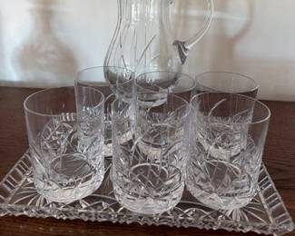 Leaded crystal pitcher, 6 glasses and tray, sold as set only. 