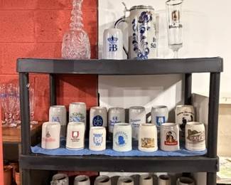 Large Crystal decanter, German beer mugs 