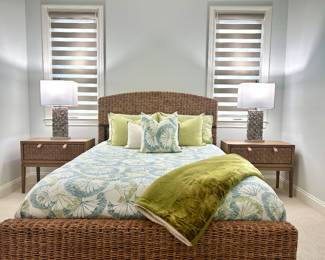 Woven Rattan Queen Bed, Serena & Lily Nightstands