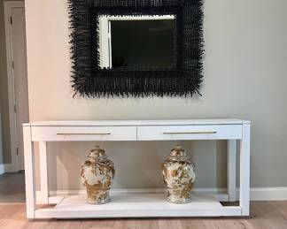 Stanley Panavista Floating Sideboard, Palacek Amaya Beaded Mirror
