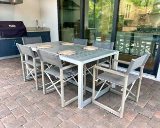 RH Aegean Aluminum Dining Table, Condos Bros Teak Folding Chairs