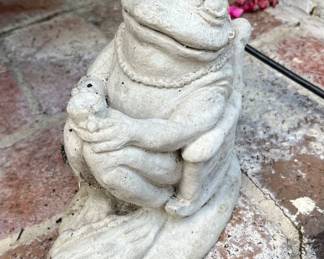 Campania International cast Stone Garden sculpture of a frog sipping coffee.