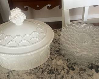 Soup tureen by Present Tense; eight vintage Fostoria American clear glass plates featuring a distinctive cubed or starburst pattern.