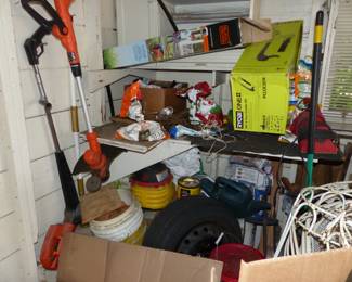 Lots of garage items, outdoor iron table with chair